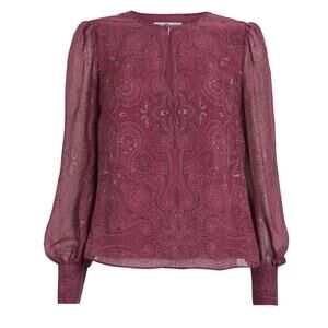 INTERMIX Kiera Silk Paisley Print Blouson Sleeve Keyhole Blouse Top L $228